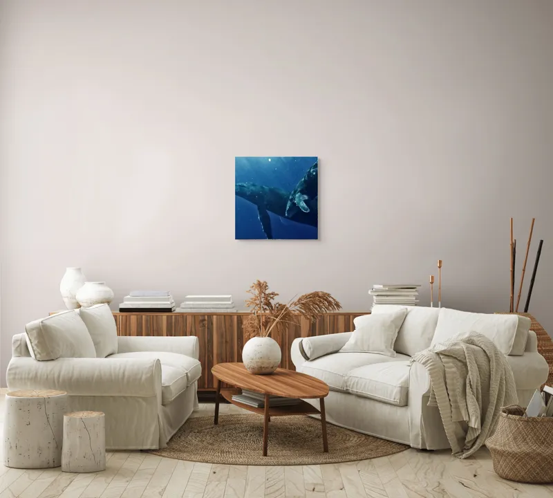 Tablou Canvas, "Dansul grațios al balenelor albastre", Giganți, Ocean, Albastru, Grație, Imersiune, Lumină, Profunzime, Creaturi, Mister, Frumusețe, 50 x 50 cm – poza 7