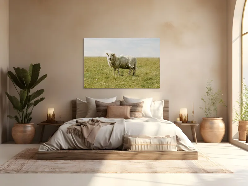 Tablou Canvas, "Oița singuratică pe câmpie verde", Oaie, Câmpie, Iarbă, Cer, Nori, Lână, Tranquilitate, Natură, 150 x 100 cm – poza 4