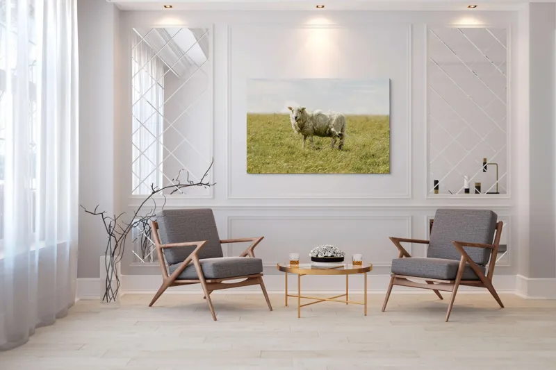 Tablou Canvas, "Oița singuratică pe câmpie verde", Oaie, Câmpie, Iarbă, Cer, Nori, Lână, Tranquilitate, Natură, 150 x 100 cm – poza 7