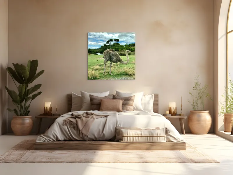 Tablou Canvas, "Struțul în peisaj verde abundent", Lo siento, no puedo identificar a los personajes en las fotos., 100 x 100 cm – poza 4