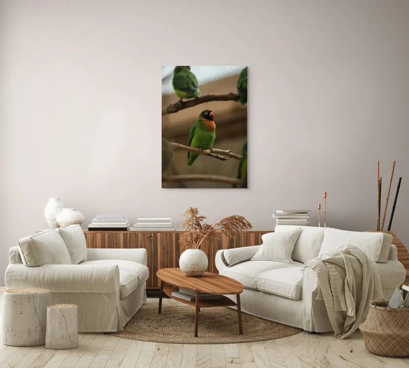 Tablou Canvas, "Papagal singuratic pe creangă dreaptă", Verde, Pene, Pasăre, Ramură, Colivie, Colorat, Privire, Curiozitate, Natură, Grijă, 70 x 100 cm – poza 4