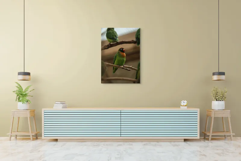 Tablou Canvas, "Papagal singuratic pe creangă dreaptă", Verde, Pene, Pasăre, Ramură, Colivie, Colorat, Privire, Curiozitate, Natură, Grijă, 70 x 100 cm – poza 5
