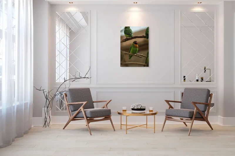 Tablou Canvas, "Papagal singuratic pe creangă dreaptă", Verde, Pene, Pasăre, Ramură, Colivie, Colorat, Privire, Curiozitate, Natură, Grijă, 70 x 100 cm – poza 8