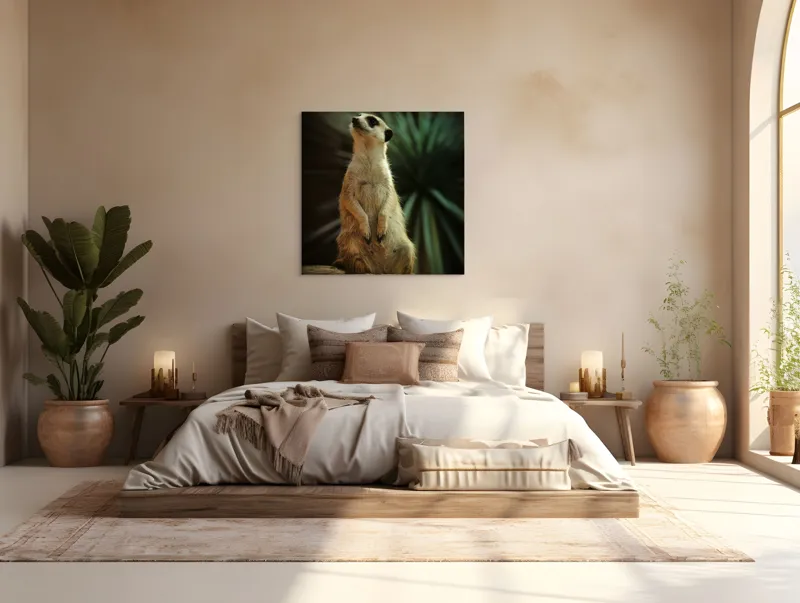 Tablou Canvas, "Suricata veghează cerul înstelat", Meerkat, Veghe, Curiozitate, Suprafață, Spațiu, Verdeață, Textură, Calm, Observare, Tandrețe, 100 x 100 cm – poza 4