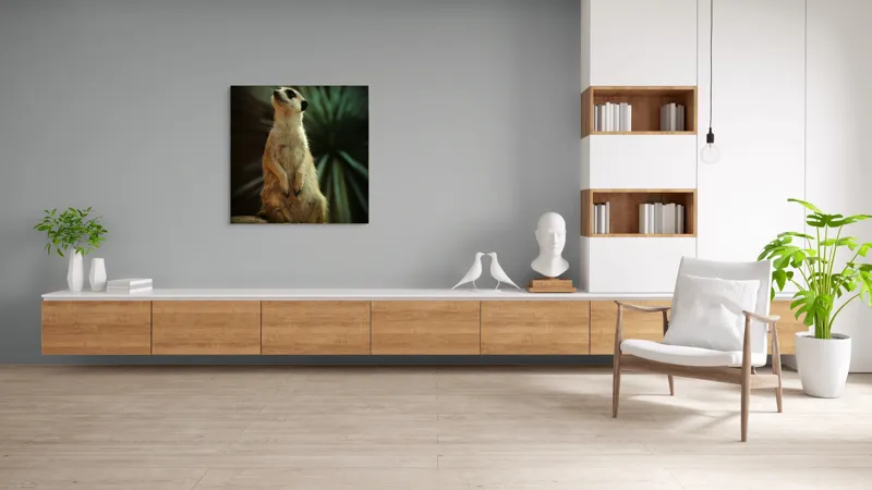 Tablou Canvas, "Suricata veghează cerul înstelat", Meerkat, Veghe, Curiozitate, Suprafață, Spațiu, Verdeață, Textură, Calm, Observare, Tandrețe, 100 x 100 cm – poza 8