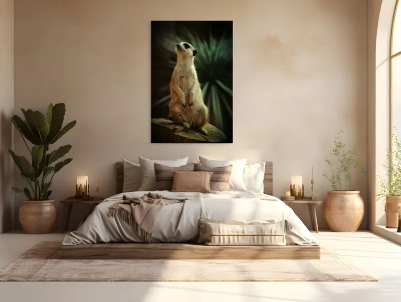 Tablou Canvas, "Suricata veghează cerul înstelat", Meerkat, Veghe, Curiozitate, Suprafață, Spațiu, Verdeață, Textură, Calm, Observare, Tandrețe, 100 x 150 cm – poza 3