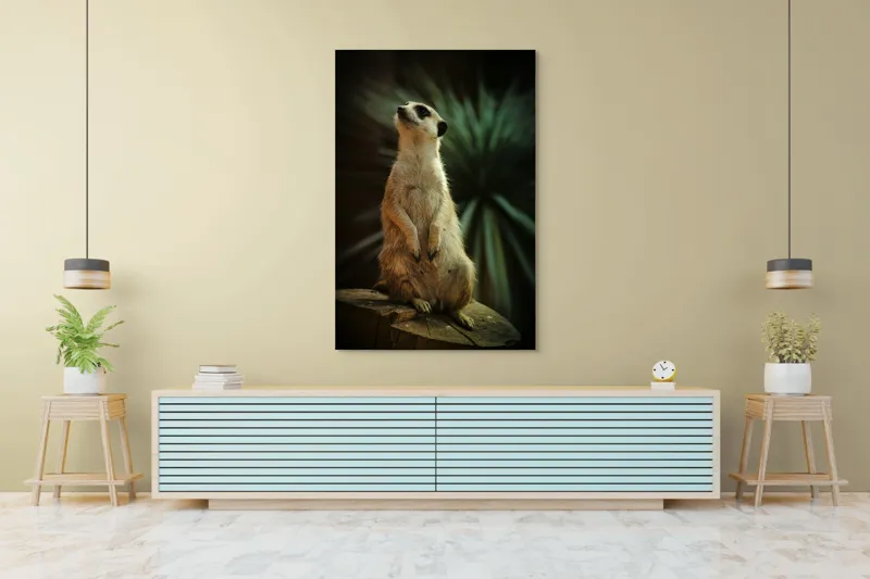 Tablou Canvas, "Suricata veghează cerul înstelat", Meerkat, Veghe, Curiozitate, Suprafață, Spațiu, Verdeață, Textură, Calm, Observare, Tandrețe, 100 x 150 cm – poza 4