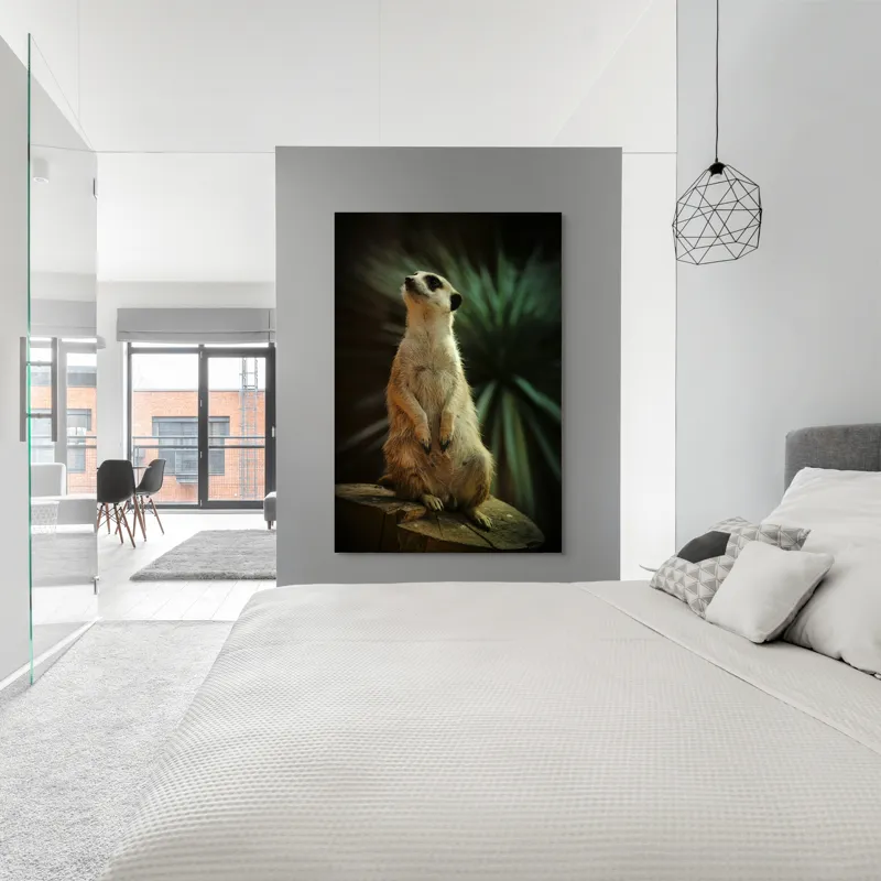 Tablou Canvas, "Suricata veghează cerul înstelat", Meerkat, Veghe, Curiozitate, Suprafață, Spațiu, Verdeață, Textură, Calm, Observare, Tandrețe, 100 x 150 cm – poza 5