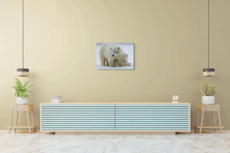 Tablou Canvas, "Urs polar cu puiul său drăgălaș", Urs, Ghețar, Alb, Blană, Pui, Îngrijire, Frig, Natură, Arctic, Iarnă, 70 x 50 cm – poza 7