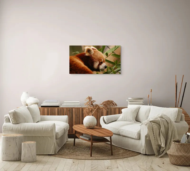Tablou Canvas, "Panda roșu savurând bambus proaspăt", Iepure, Frunze, Blană, Privire, Natură, Bambus, Roz, Roșcat, Botic, Urechi, Mediu, 90 x 50 cm – poza 4