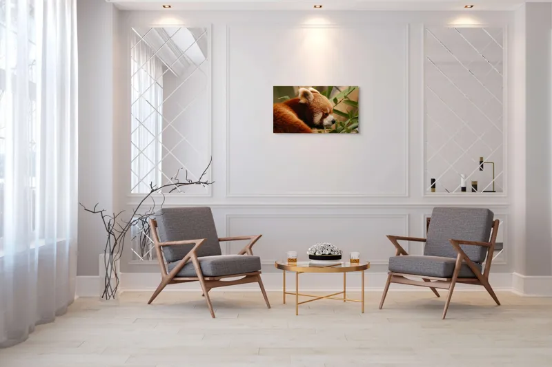 Tablou Canvas, "Panda roșu savurând bambus proaspăt", Iepure, Frunze, Blană, Privire, Natură, Bambus, Roz, Roșcat, Botic, Urechi, Mediu, 90 x 50 cm – poza 7