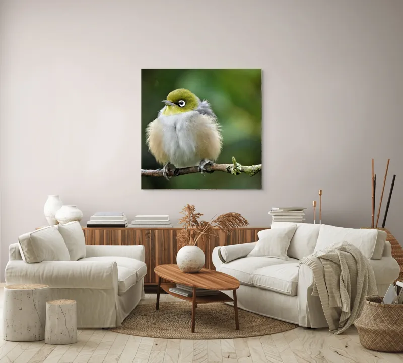 Tablou Canvas, Pufos, Delicat, Ochi-Alb, Ramură, Verde, Frunză, Pene, Natură, Privitor, Plăcut., 100 x 100 cm – poza 3