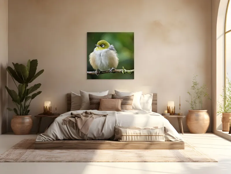Tablou Canvas, Pufos, Delicat, Ochi-Alb, Ramură, Verde, Frunză, Pene, Natură, Privitor, Plăcut., 100 x 100 cm – poza 4