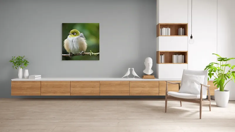 Tablou Canvas, Pufos, Delicat, Ochi-Alb, Ramură, Verde, Frunză, Pene, Natură, Privitor, Plăcut., 100 x 100 cm – poza 8