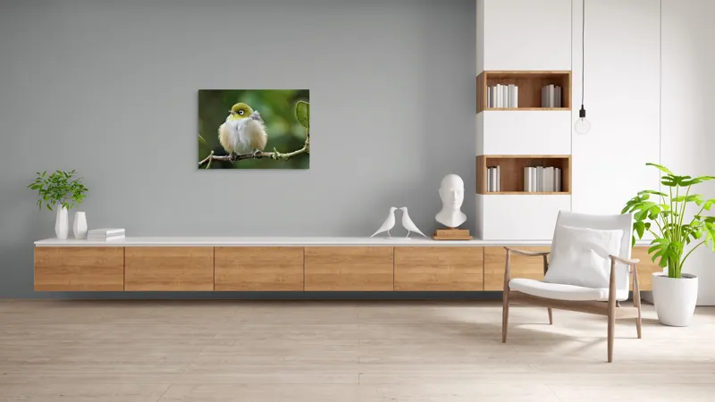 Tablou Canvas, Pufos, Delicat, Ochi-Alb, Ramură, Verde, Frunză, Pene, Natură, Privitor, Plăcut., 100 x 70 cm – poza 6