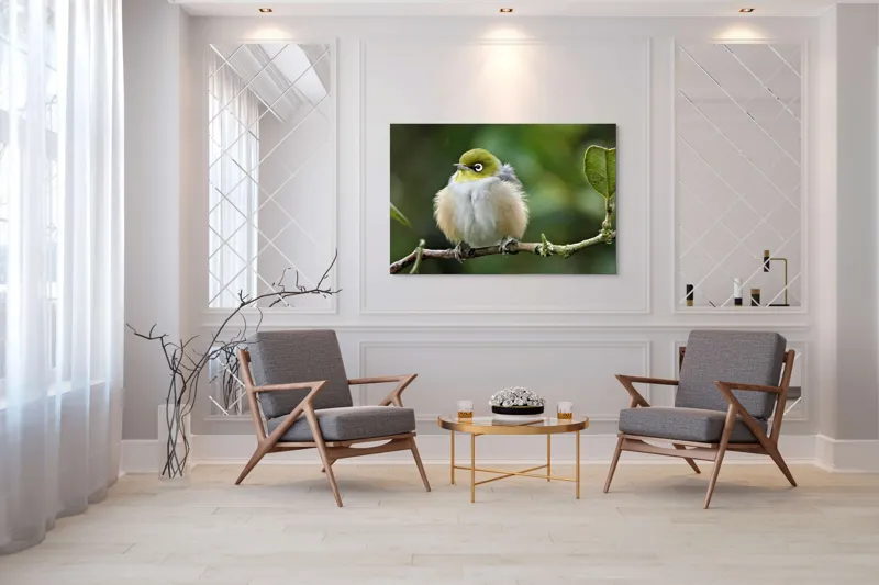 Tablou Canvas, Pufos, Delicat, Ochi-Alb, Ramură, Verde, Frunză, Pene, Natură, Privitor, Plăcut., 150 x 100 cm – poza 7