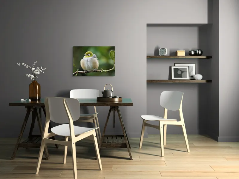 Tablou Canvas, "Eu nu știu cine este în imagine.", Pufos, Delicat, Ochi-Alb, Ramură, Verde, Frunză, Pene, Natură, Privitor, Plăcut., 70 x 50 cm – poza 5
