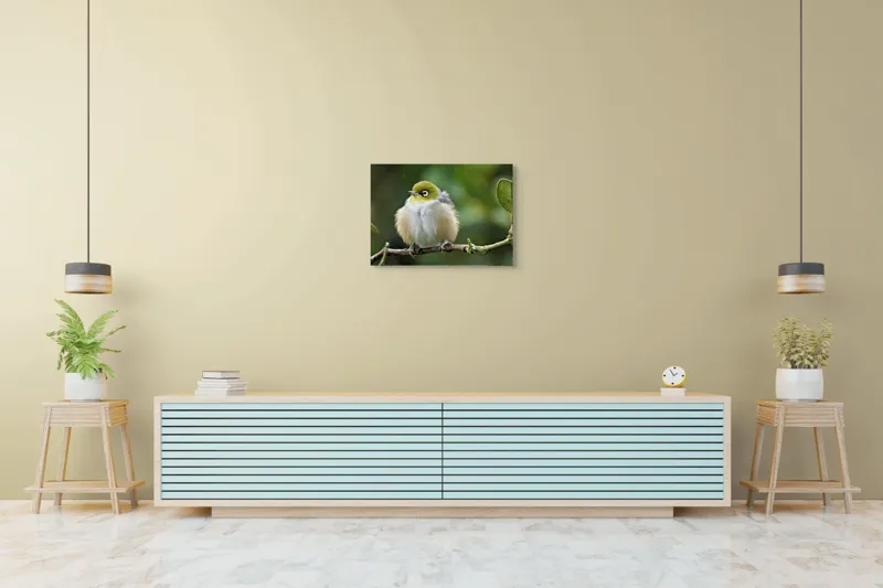 Tablou Canvas, "Eu nu știu cine este în imagine.", Pufos, Delicat, Ochi-Alb, Ramură, Verde, Frunză, Pene, Natură, Privitor, Plăcut., 70 x 50 cm – poza 7