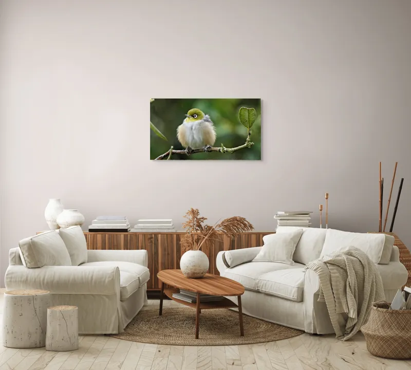 Tablou Canvas, Pufos, Delicat, Ochi-Alb, Ramură, Verde, Frunză, Pene, Natură, Privitor, Plăcut., 90 x 50 cm – poza 4