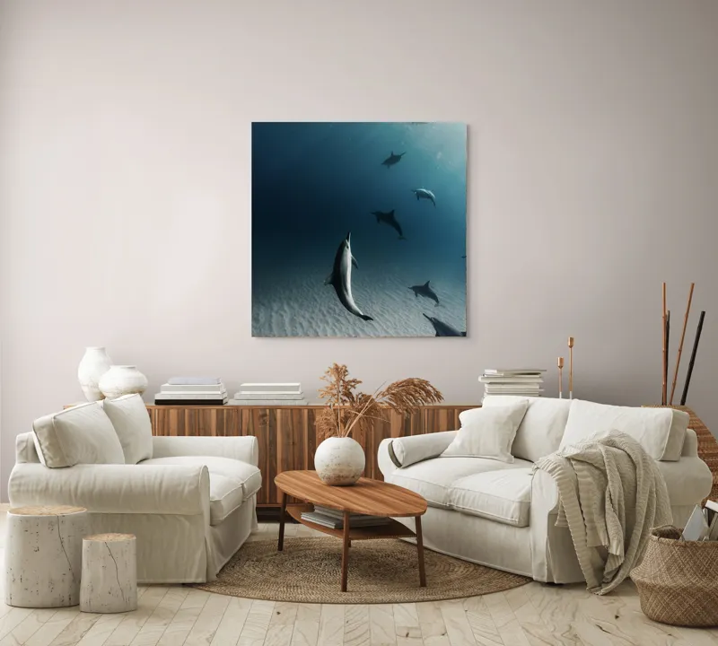 Tablou Canvas, "Dansul grațios al delfinilor sub apă", Delfini, Ocean, Lumina, Nisip, Albastru, Curent, Armonie, Explorare, 100 x 100 cm – poza 3