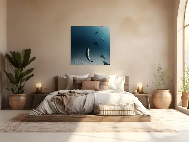 Tablou Canvas, "Dansul grațios al delfinilor sub apă", Delfini, Ocean, Lumina, Nisip, Albastru, Curent, Armonie, Explorare, 100 x 100 cm – poza 4