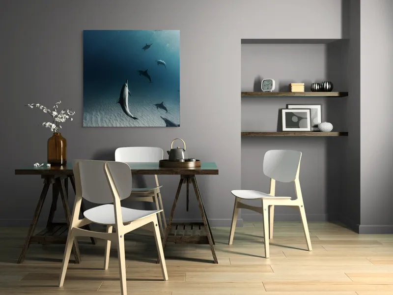 Tablou Canvas, "Dansul grațios al delfinilor sub apă", Delfini, Ocean, Lumina, Nisip, Albastru, Curent, Armonie, Explorare, 100 x 100 cm – poza 6