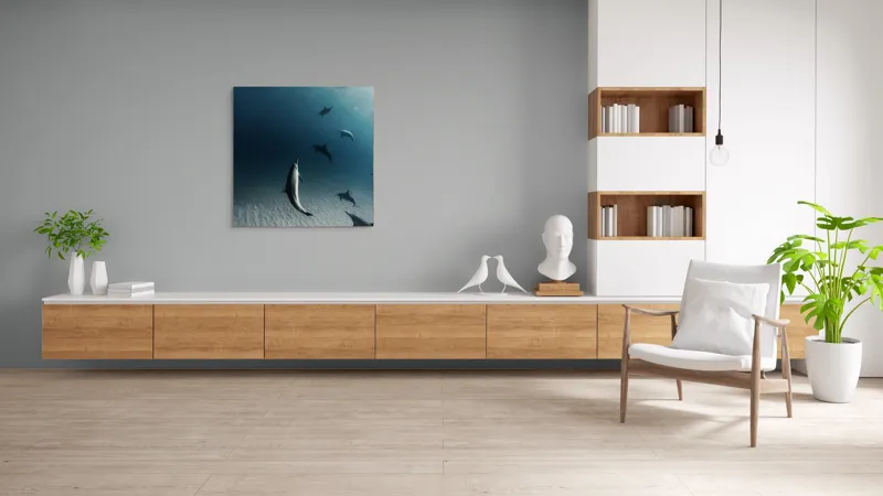 Tablou Canvas, "Dansul grațios al delfinilor sub apă", Delfini, Ocean, Lumina, Nisip, Albastru, Curent, Armonie, Explorare, 100 x 100 cm – poza 8