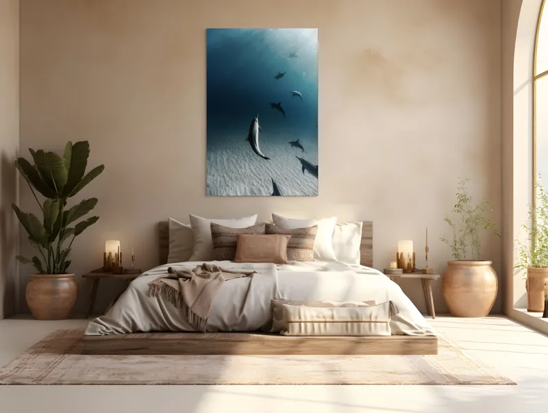 Tablou Canvas, "Dansul grațios al delfinilor sub apă", Delfini, Ocean, Lumina, Nisip, Albastru, Curent, Armonie, Explorare, 100 x 150 cm – poza 3