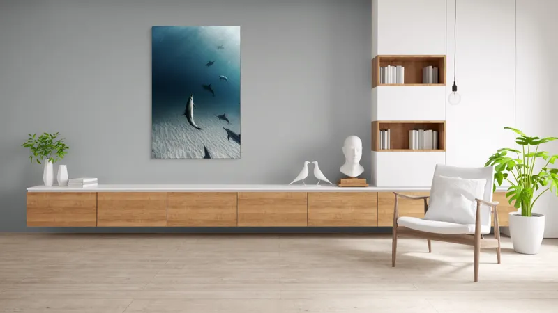 Tablou Canvas, "Dansul grațios al delfinilor sub apă", Delfini, Ocean, Lumina, Nisip, Albastru, Curent, Armonie, Explorare, 100 x 150 cm – poza 8