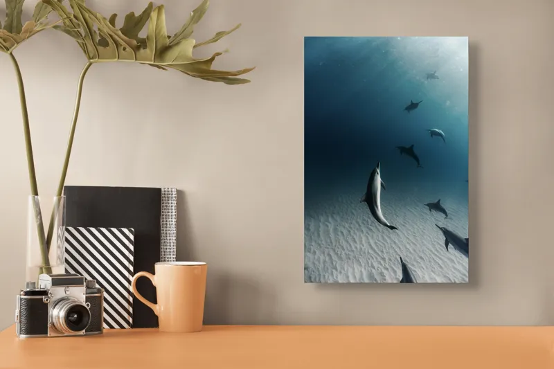Tablou Canvas, "Dansul grațios al delfinilor sub apă", Delfini, Ocean, Lumina, Nisip, Albastru, Curent, Armonie, Explorare, 26 x 39 cm – poza 3