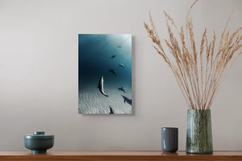 Tablou Canvas, "Dansul grațios al delfinilor sub apă", Delfini, Ocean, Lumina, Nisip, Albastru, Curent, Armonie, Explorare, 26 x 39 cm – poza 5