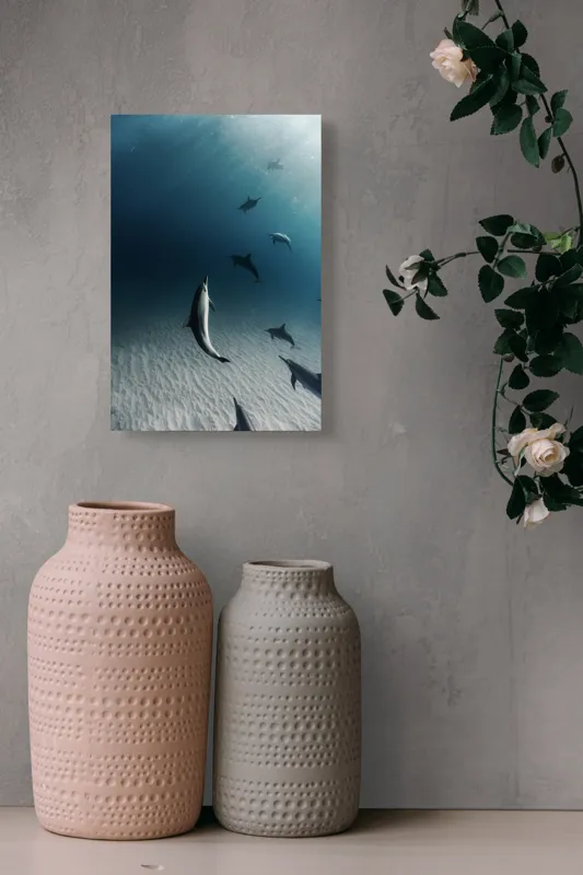 Tablou Canvas, "Dansul grațios al delfinilor sub apă", Delfini, Ocean, Lumina, Nisip, Albastru, Curent, Armonie, Explorare, 26 x 39 cm – poza 6