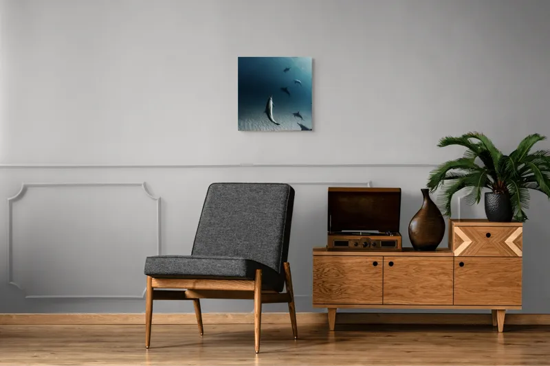 Tablou Canvas, "Dansul grațios al delfinilor sub apă", Delfini, Ocean, Lumina, Nisip, Albastru, Curent, Armonie, Explorare, 50 x 50 cm – poza 6