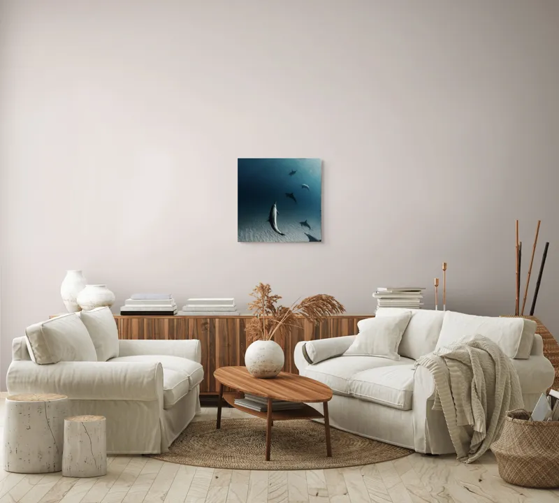 Tablou Canvas, "Dansul grațios al delfinilor sub apă", Delfini, Ocean, Lumina, Nisip, Albastru, Curent, Armonie, Explorare, 50 x 50 cm – poza 7
