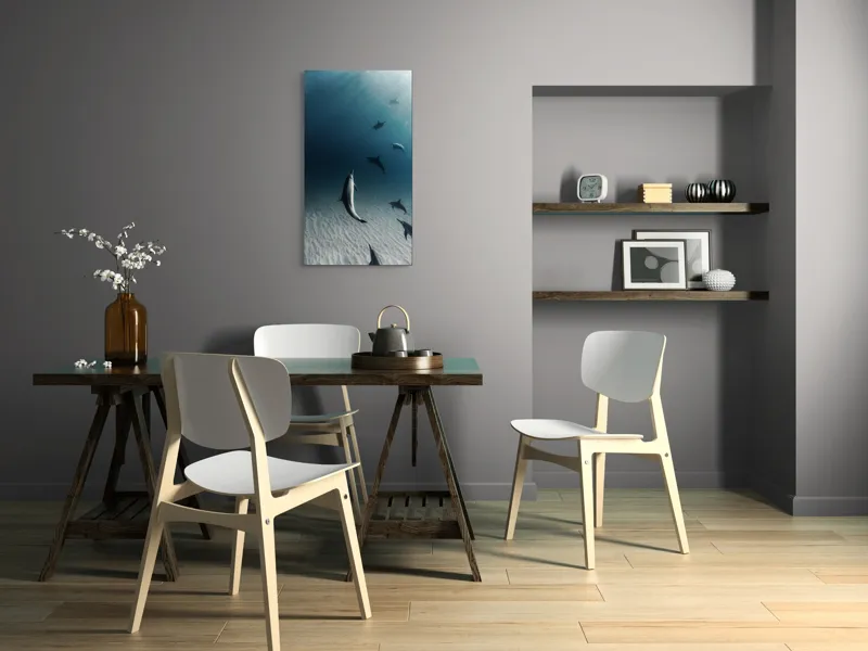 Tablou Canvas, "Dansul grațios al delfinilor sub apă", Delfini, Ocean, Lumina, Nisip, Albastru, Curent, Armonie, Explorare, 50 x 90 cm – poza 4