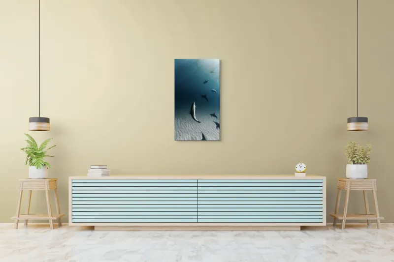 Tablou Canvas, "Dansul grațios al delfinilor sub apă", Delfini, Ocean, Lumina, Nisip, Albastru, Curent, Armonie, Explorare, 50 x 90 cm – poza 6