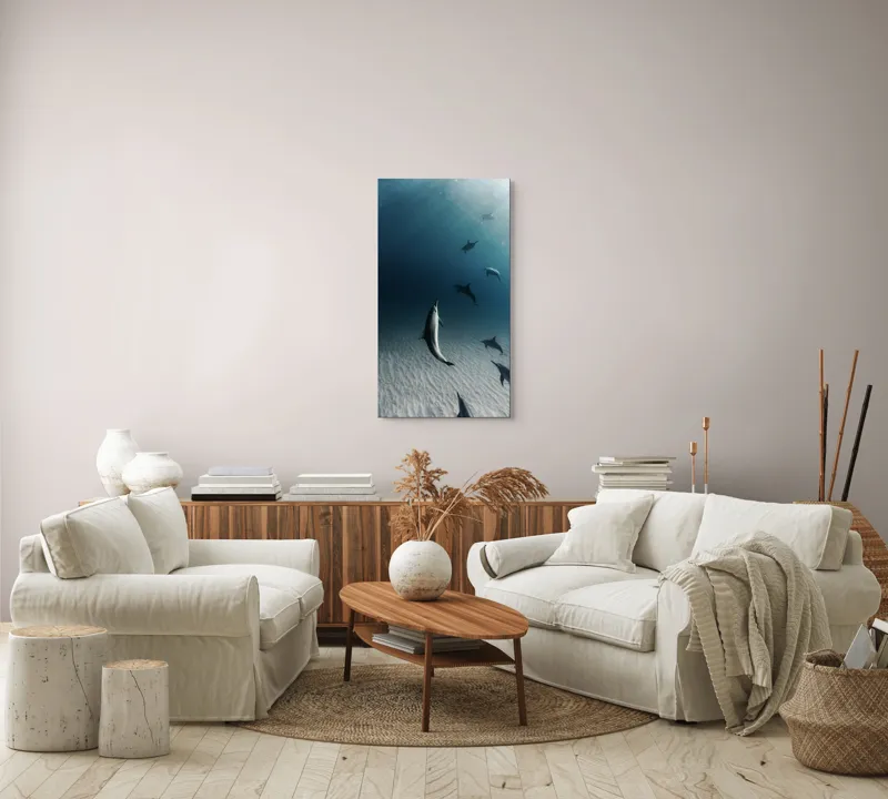 Tablou Canvas, "Dansul grațios al delfinilor sub apă", Delfini, Ocean, Lumina, Nisip, Albastru, Curent, Armonie, Explorare, 50 x 90 cm – poza 7