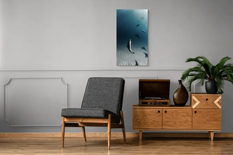 Tablou Canvas, "Dansul grațios al delfinilor sub apă", Delfini, Ocean, Lumina, Nisip, Albastru, Curent, Armonie, Explorare, 50 x 90 cm – poza 8