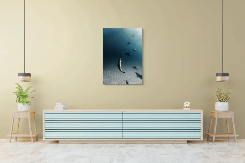Tablou Canvas, "Dansul grațios al delfinilor sub apă", Delfini, Ocean, Lumina, Nisip, Albastru, Curent, Armonie, Explorare, 70 x 100 cm – poza 5