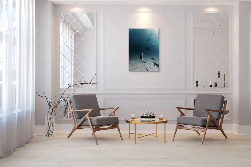 Tablou Canvas, "Dansul grațios al delfinilor sub apă", Delfini, Ocean, Lumina, Nisip, Albastru, Curent, Armonie, Explorare, 70 x 100 cm – poza 8