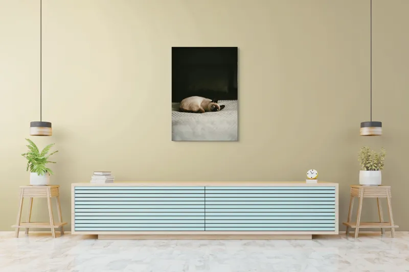 Tablou Canvas, "Pisica visând pe covor crem", Blană, Pisică, Relaxare, Privire, Liniște, 70 x 100 cm – poza 5