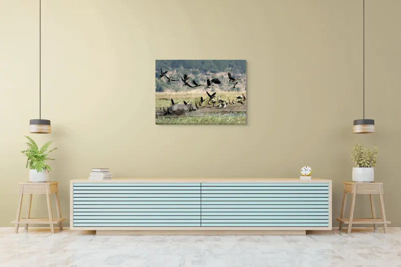Tablou Canvas, "Hipopotam și păsări în savană africană", Hipopotam, Păsări, Apă, Natură, Zbor, Câmpie, Cer, Animale, Wild, Peisaj, Verde, Habitat, Stufăriș, Dinamică, Grup, Mediu, Viață, Sălbatic, Africa, Ecosistem, 100 x 70 cm – poza 4