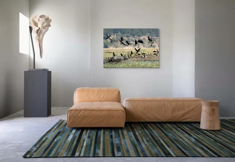 Tablou Canvas, "Hipopotam și păsări în savană africană", Hipopotam, Păsări, Apă, Natură, Zbor, Câmpie, Cer, Animale, Wild, Peisaj, Verde, Habitat, Stufăriș, Dinamică, Grup, Mediu, Viață, Sălbatic, Africa, Ecosistem, 100 x 70 cm – poza 7