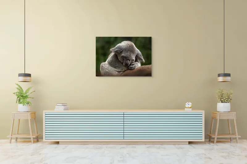 Tablou Canvas, "Koala dormind în îmbrățișarea lemnului", Somn, Liniște, Blândețe, Natură, Mângâiere, Pădure, Relaxare, Blană, 100 x 70 cm – poza 4