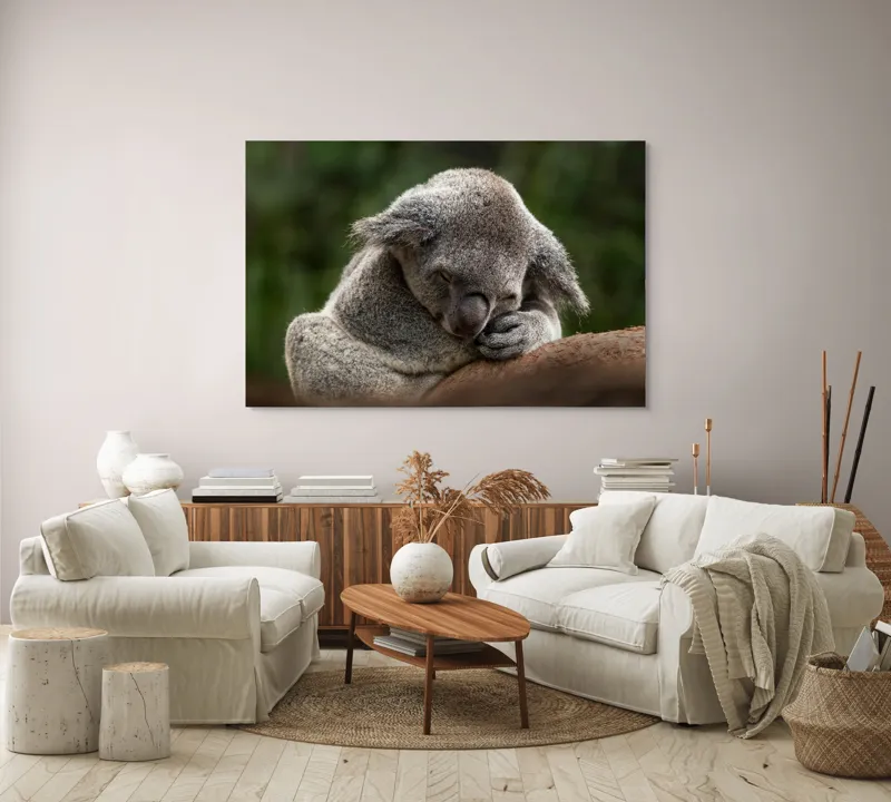 Tablou Canvas, "Koala dormind în îmbrățișarea lemnului", Somn, Liniște, Blândețe, Natură, Mângâiere, Pădure, Relaxare, Blană, 150 x 100 cm – poza 3