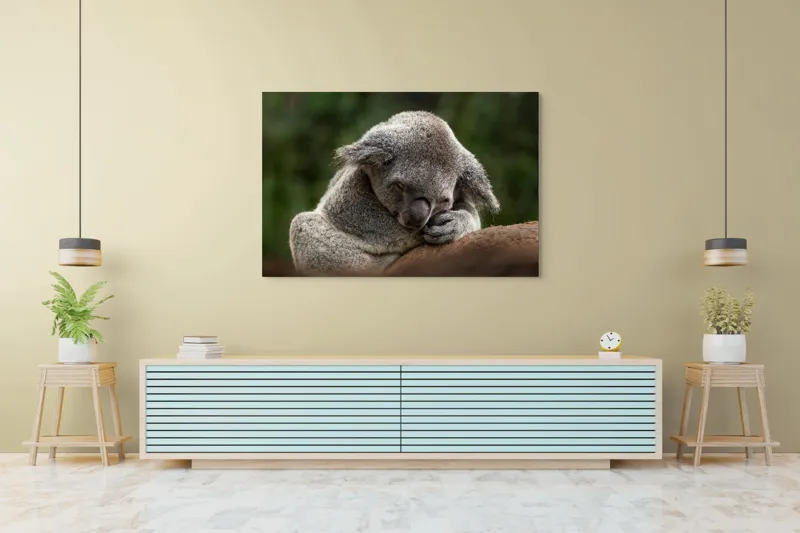 Tablou Canvas, "Koala dormind în îmbrățișarea lemnului", Somn, Liniște, Blândețe, Natură, Mângâiere, Pădure, Relaxare, Blană, 150 x 100 cm – poza 6