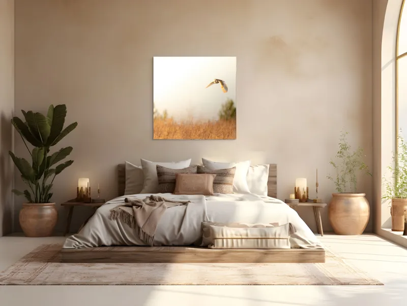 Tablou Canvas, "Bufnița planând la asfințit", Bufniță, Zbor, Câmp, Cer, Lumină, Peisaj, Natură, Frunziș, 100 x 100 cm – poza 4
