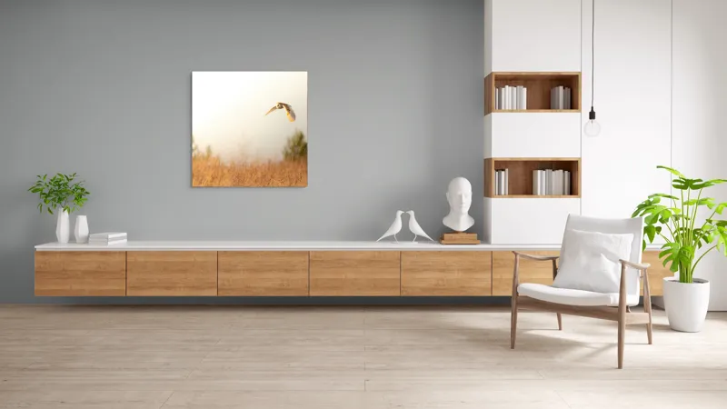 Tablou Canvas, "Bufnița planând la asfințit", Bufniță, Zbor, Câmp, Cer, Lumină, Peisaj, Natură, Frunziș, 100 x 100 cm – poza 8