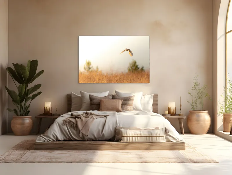 Tablou Canvas, "Bufnița planând la asfințit", Bufniță, Zbor, Câmp, Cer, Lumină, Peisaj, Natură, Frunziș, 150 x 100 cm – poza 4