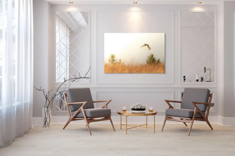 Tablou Canvas, "Bufnița planând la asfințit", Bufniță, Zbor, Câmp, Cer, Lumină, Peisaj, Natură, Frunziș, 150 x 100 cm – poza 7